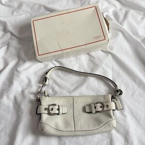 Coach White Leather Wristet/ Mini Bag with Buckle Accents & Box